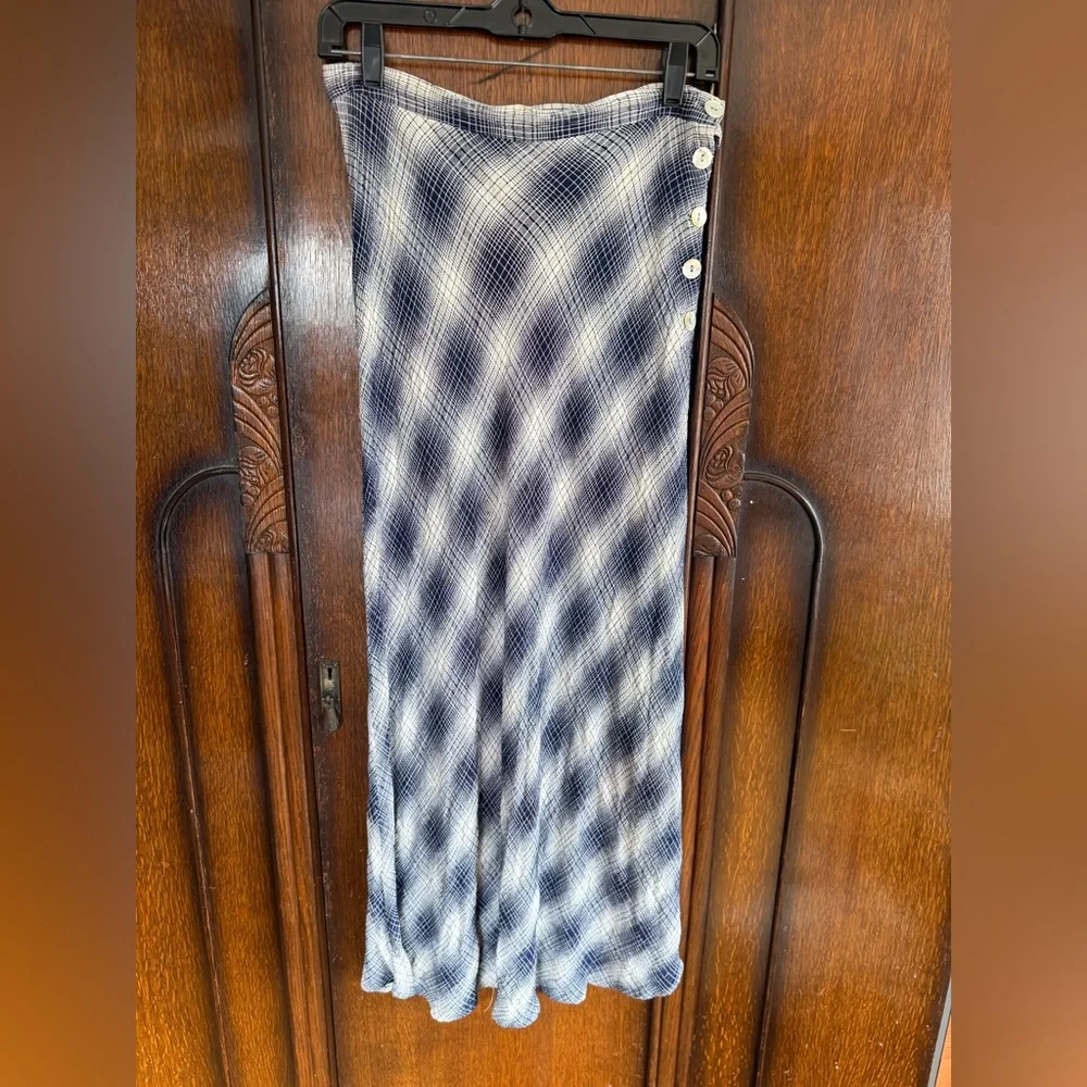 Vintage 1990’s Bias Cut Navy & White Ankle Length Skirt w Side Buttons S / M - Picture 3 of 6